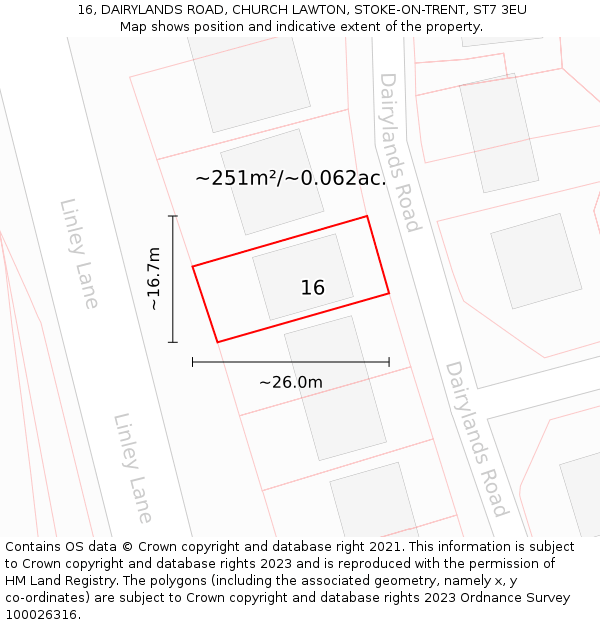 16, DAIRYLANDS ROAD, CHURCH LAWTON, STOKE-ON-TRENT, ST7 3EU: Plot and title map