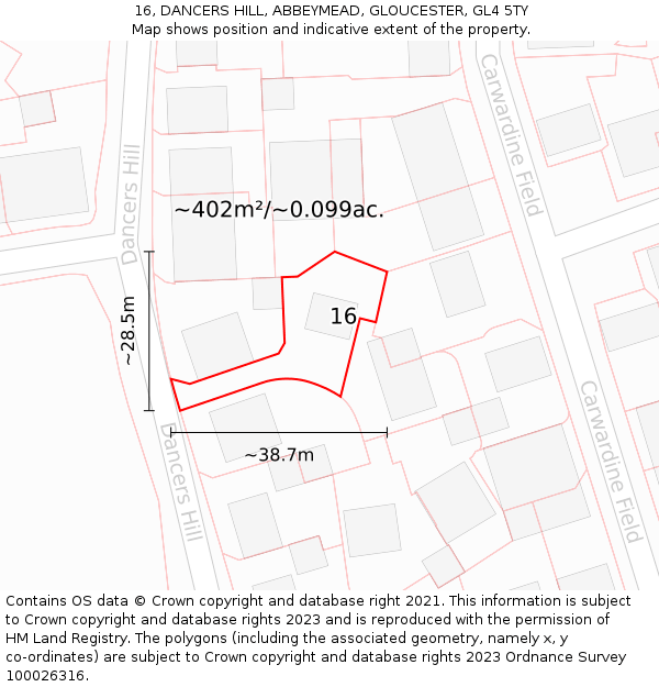 16, DANCERS HILL, ABBEYMEAD, GLOUCESTER, GL4 5TY: Plot and title map