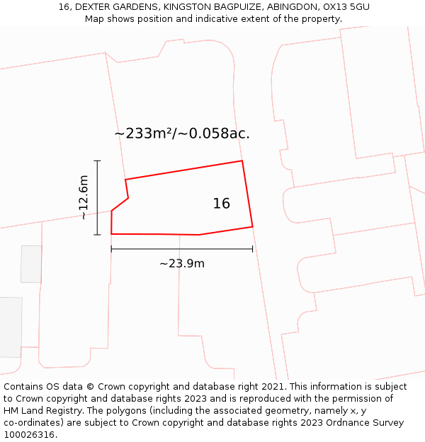 16, DEXTER GARDENS, KINGSTON BAGPUIZE, ABINGDON, OX13 5GU: Plot and title map