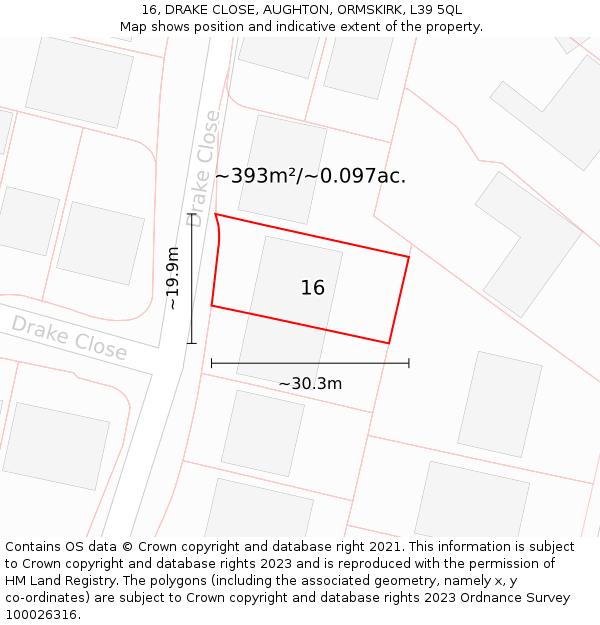 16, DRAKE CLOSE, AUGHTON, ORMSKIRK, L39 5QL: Plot and title map