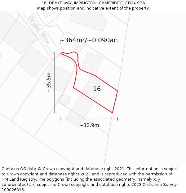 16, DRAKE WAY, IMPINGTON, CAMBRIDGE, CB24 9BA: Plot and title map