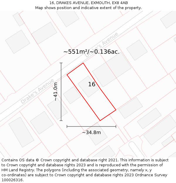 16, DRAKES AVENUE, EXMOUTH, EX8 4AB: Plot and title map