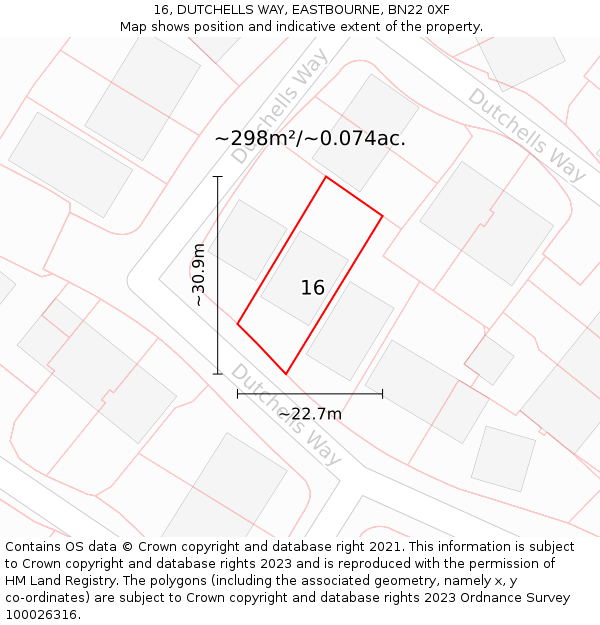 16, DUTCHELLS WAY, EASTBOURNE, BN22 0XF: Plot and title map