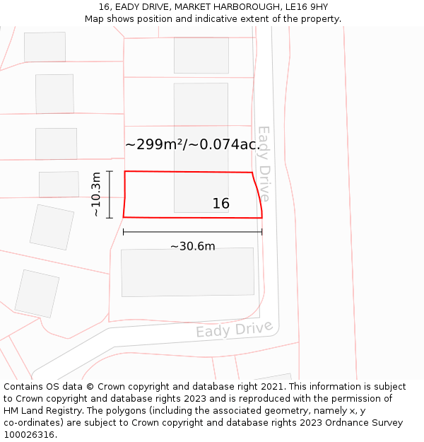 16, EADY DRIVE, MARKET HARBOROUGH, LE16 9HY: Plot and title map