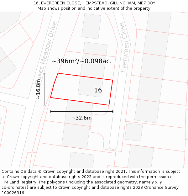 16, EVERGREEN CLOSE, HEMPSTEAD, GILLINGHAM, ME7 3QY: Plot and title map