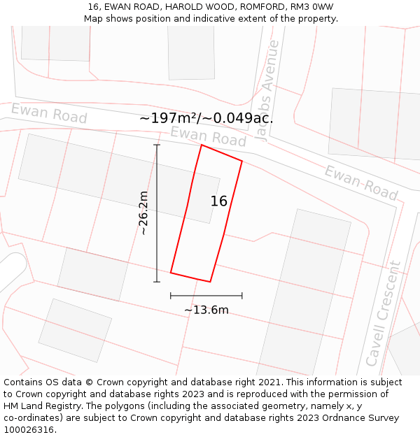 16, EWAN ROAD, HAROLD WOOD, ROMFORD, RM3 0WW: Plot and title map