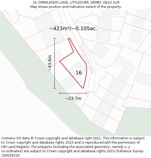 16, FARMLANDS LANE, LITTLEOVER, DERBY, DE23 2UR: Plot and title map