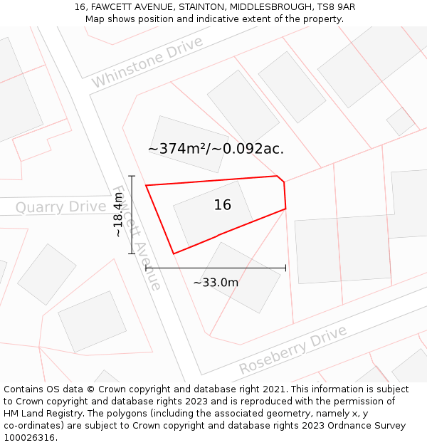 16, FAWCETT AVENUE, STAINTON, MIDDLESBROUGH, TS8 9AR: Plot and title map