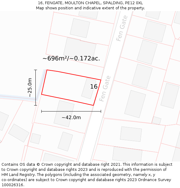 16, FENGATE, MOULTON CHAPEL, SPALDING, PE12 0XL: Plot and title map