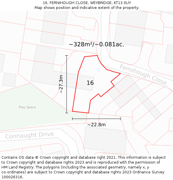 16, FERNIHOUGH CLOSE, WEYBRIDGE, KT13 0UY: Plot and title map