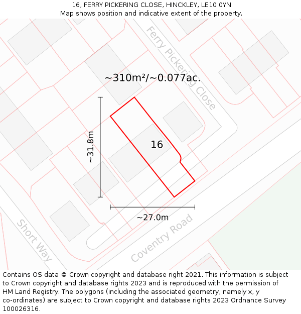 16, FERRY PICKERING CLOSE, HINCKLEY, LE10 0YN: Plot and title map