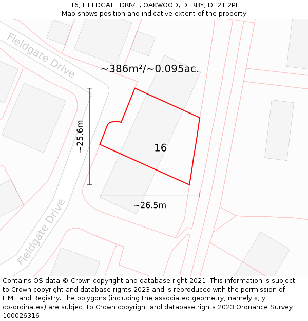 16, FIELDGATE DRIVE, OAKWOOD, DERBY, DE21 2PL: Plot and title map