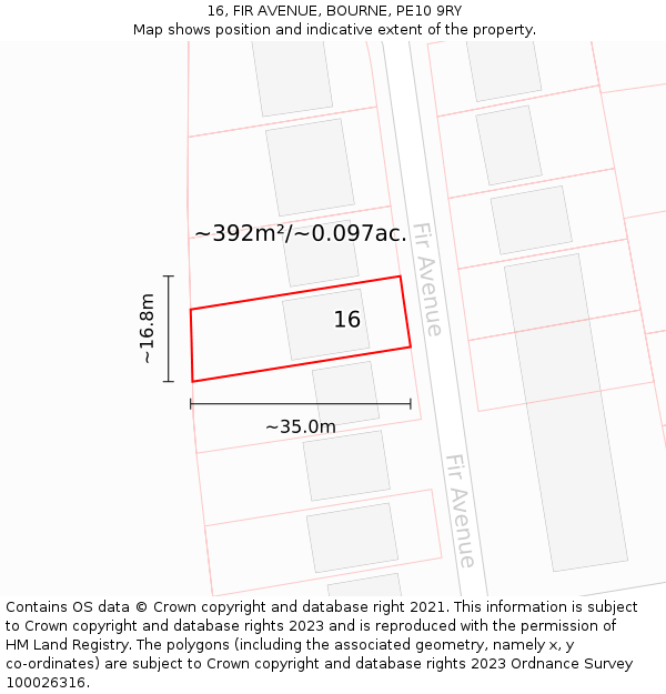 16, FIR AVENUE, BOURNE, PE10 9RY: Plot and title map