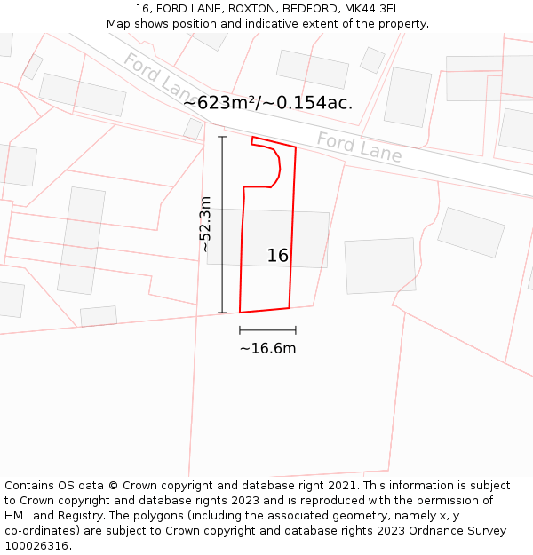 16, FORD LANE, ROXTON, BEDFORD, MK44 3EL: Plot and title map