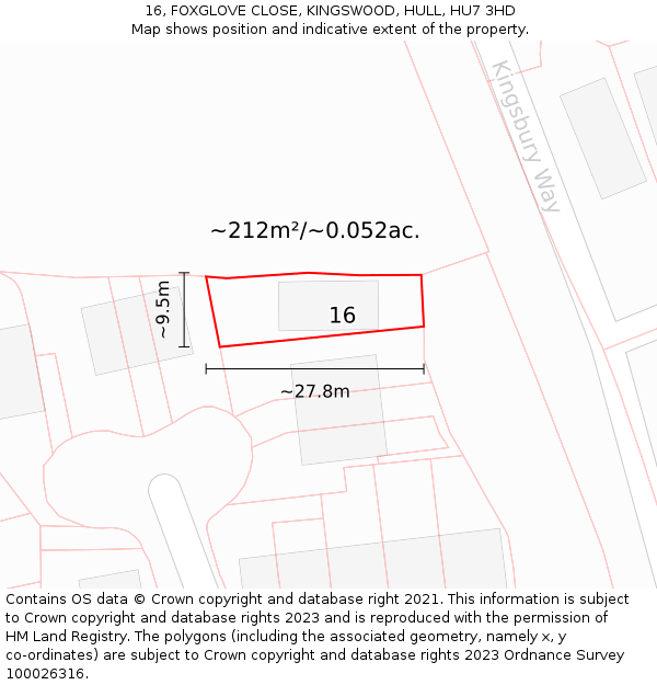 16, FOXGLOVE CLOSE, KINGSWOOD, HULL, HU7 3HD: Plot and title map