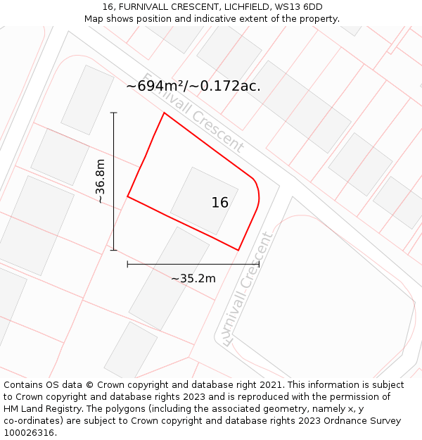 16, FURNIVALL CRESCENT, LICHFIELD, WS13 6DD: Plot and title map