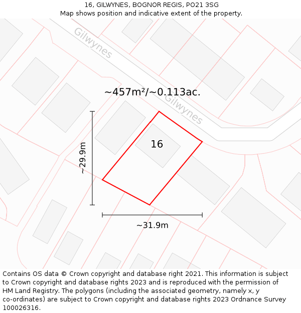 16, GILWYNES, BOGNOR REGIS, PO21 3SG: Plot and title map