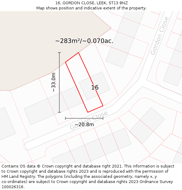 16, GORDON CLOSE, LEEK, ST13 8NZ: Plot and title map