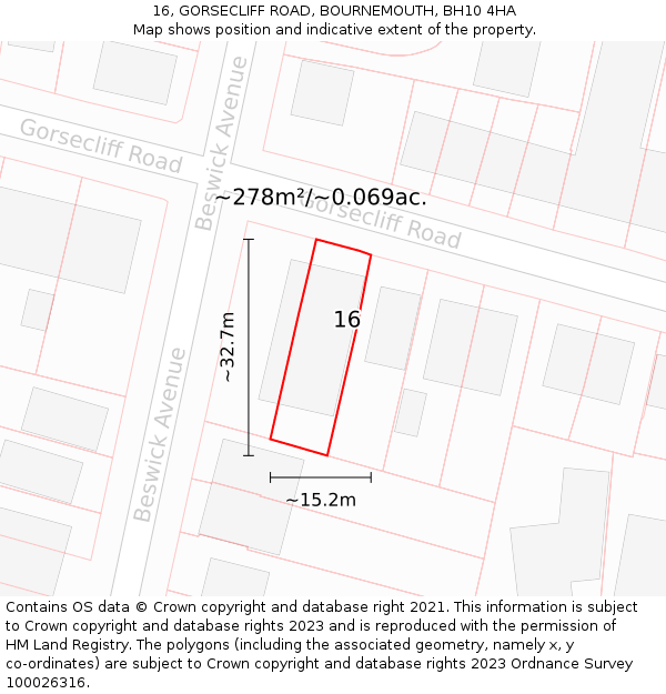 16, GORSECLIFF ROAD, BOURNEMOUTH, BH10 4HA: Plot and title map