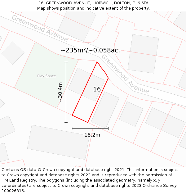 16, GREENWOOD AVENUE, HORWICH, BOLTON, BL6 6FA: Plot and title map