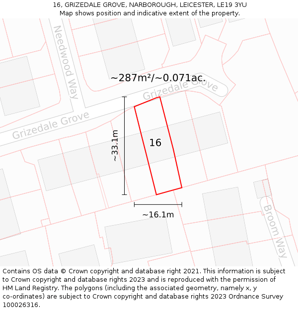 16, GRIZEDALE GROVE, NARBOROUGH, LEICESTER, LE19 3YU: Plot and title map