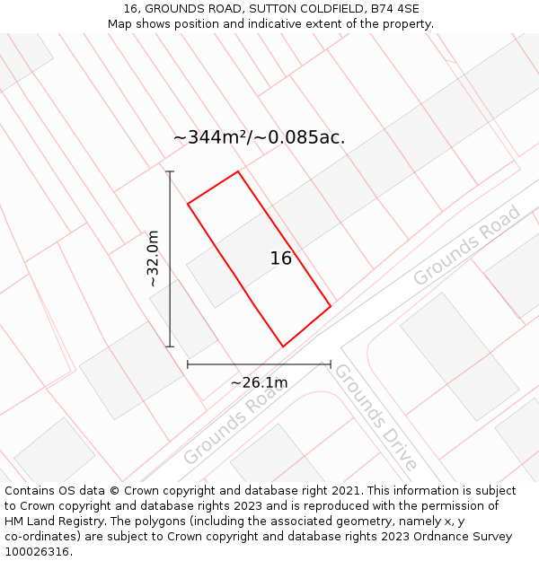 16, GROUNDS ROAD, SUTTON COLDFIELD, B74 4SE: Plot and title map