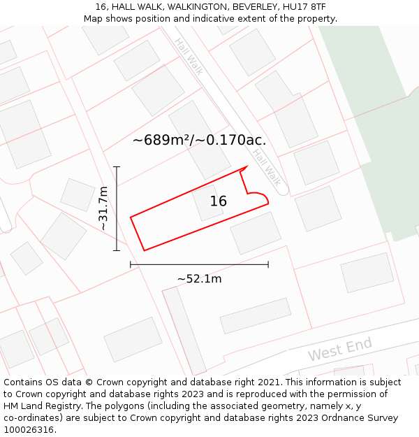 16, HALL WALK, WALKINGTON, BEVERLEY, HU17 8TF: Plot and title map