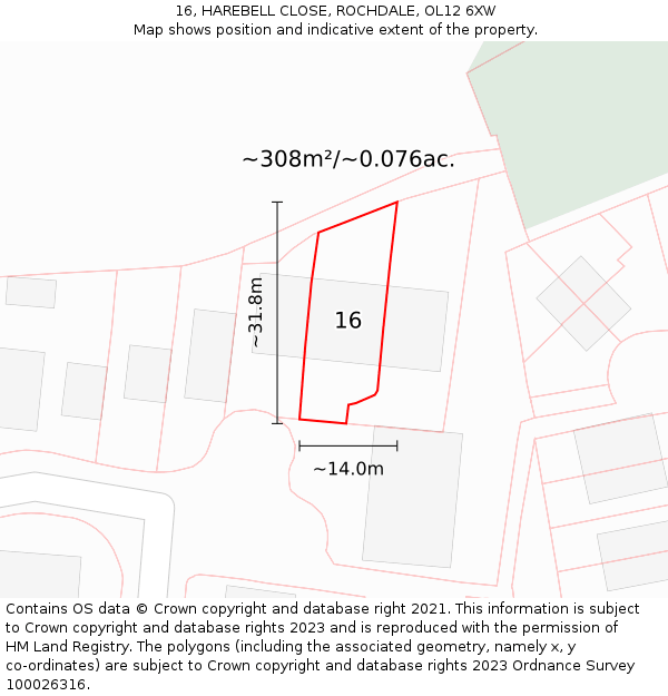 16, HAREBELL CLOSE, ROCHDALE, OL12 6XW: Plot and title map