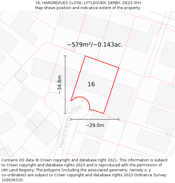 16, HARGREAVES CLOSE, LITTLEOVER, DERBY, DE23 3YH: Plot and title map