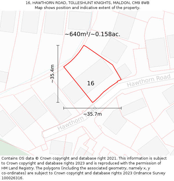 16, HAWTHORN ROAD, TOLLESHUNT KNIGHTS, MALDON, CM9 8WB: Plot and title map