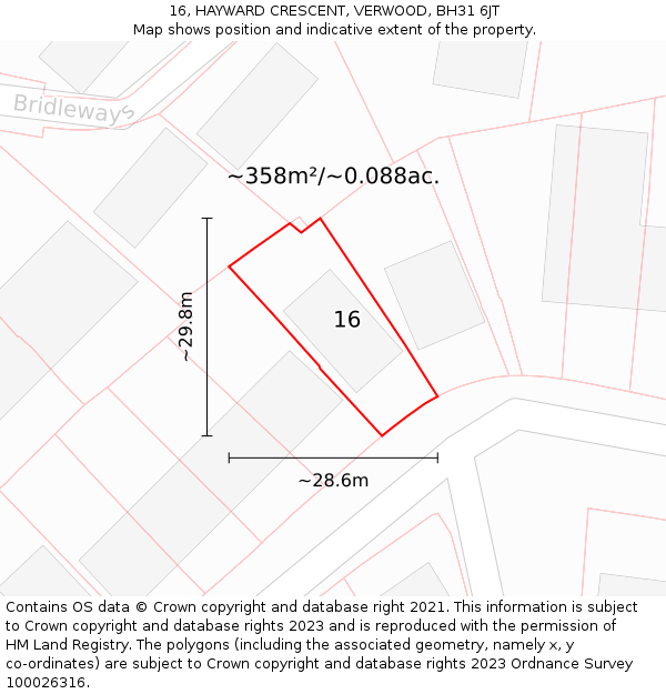 16, HAYWARD CRESCENT, VERWOOD, BH31 6JT: Plot and title map