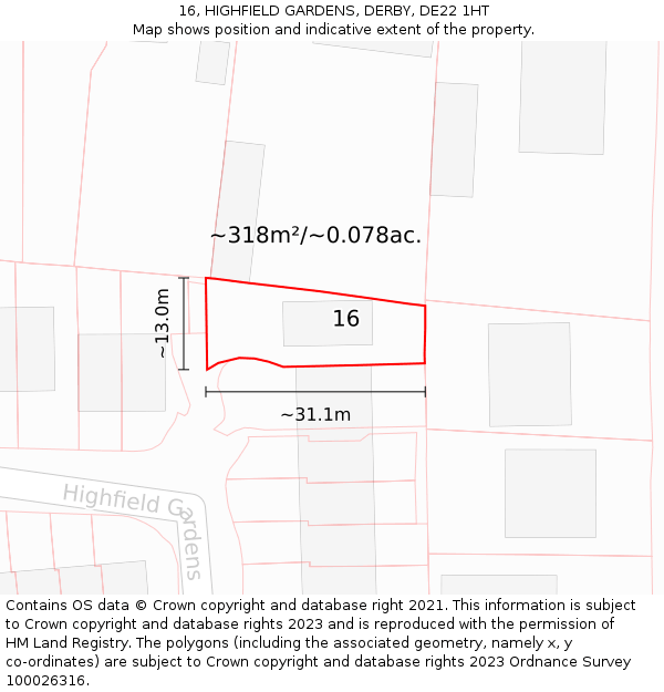 16, HIGHFIELD GARDENS, DERBY, DE22 1HT: Plot and title map