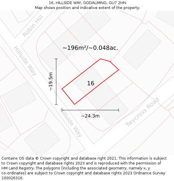 16, HILLSIDE WAY, GODALMING, GU7 2HN: Plot and title map