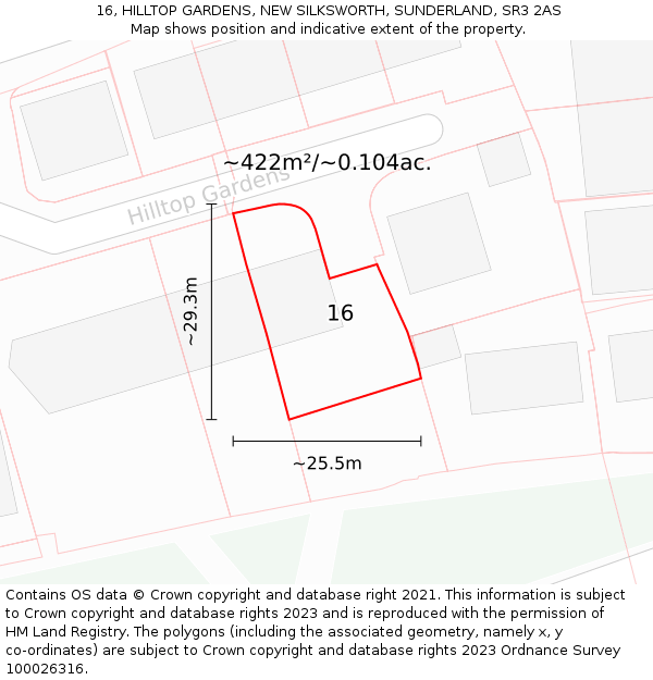 16, HILLTOP GARDENS, NEW SILKSWORTH, SUNDERLAND, SR3 2AS: Plot and title map