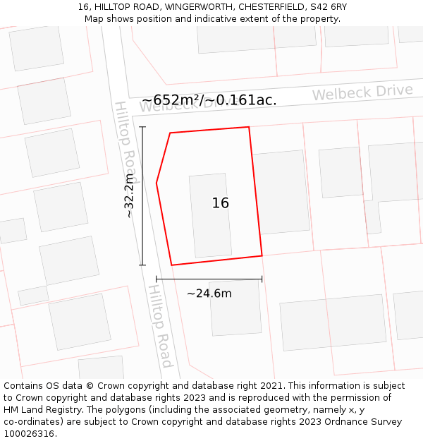 16, HILLTOP ROAD, WINGERWORTH, CHESTERFIELD, S42 6RY: Plot and title map