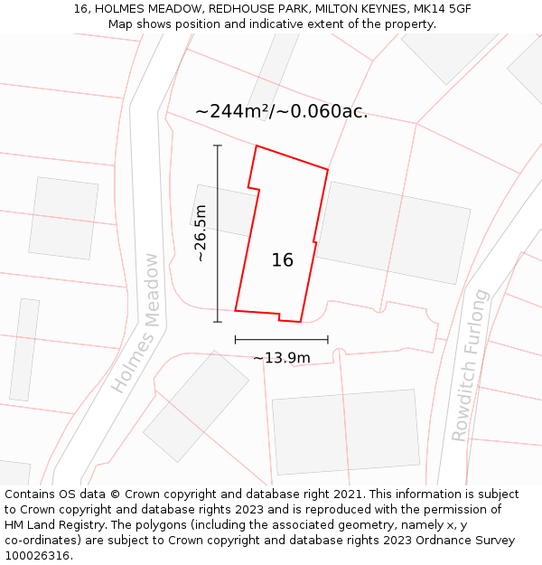 16, HOLMES MEADOW, REDHOUSE PARK, MILTON KEYNES, MK14 5GF: Plot and title map