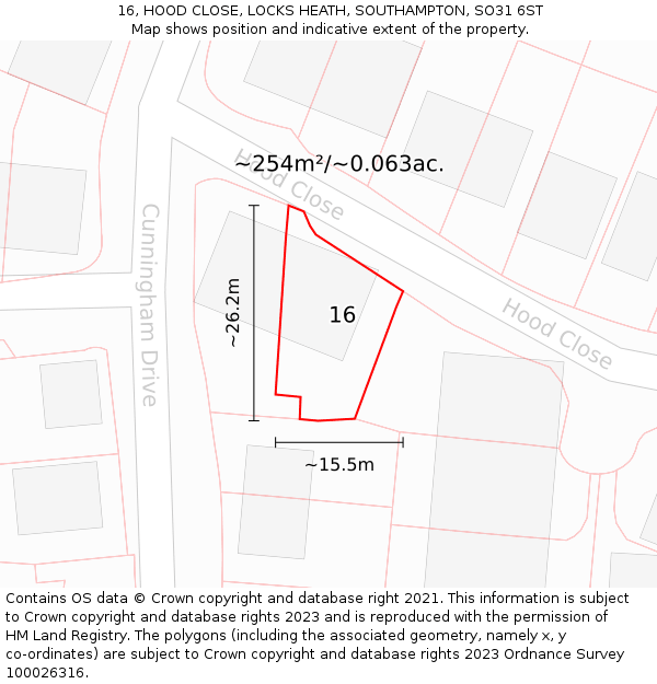 16, HOOD CLOSE, LOCKS HEATH, SOUTHAMPTON, SO31 6ST: Plot and title map