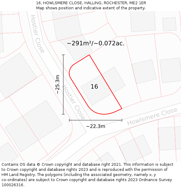 16, HOWLSMERE CLOSE, HALLING, ROCHESTER, ME2 1ER: Plot and title map