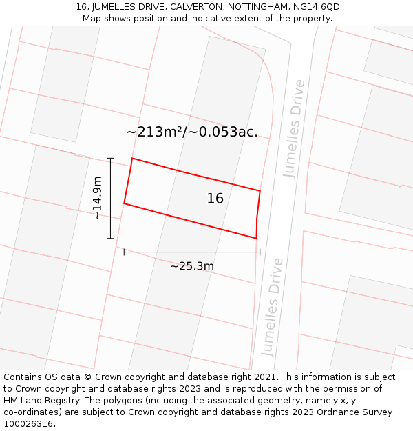 16, JUMELLES DRIVE, CALVERTON, NOTTINGHAM, NG14 6QD: Plot and title map