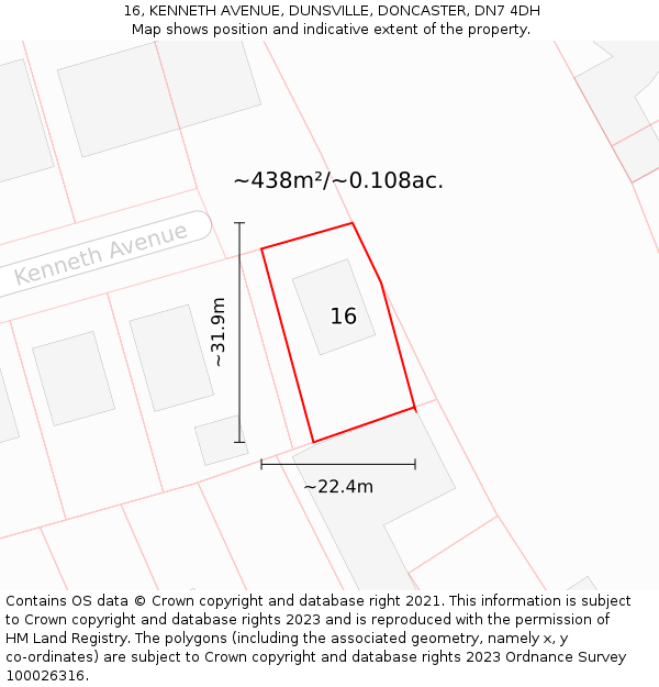 16, KENNETH AVENUE, DUNSVILLE, DONCASTER, DN7 4DH: Plot and title map