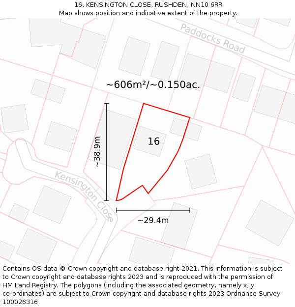 16, KENSINGTON CLOSE, RUSHDEN, NN10 6RR: Plot and title map