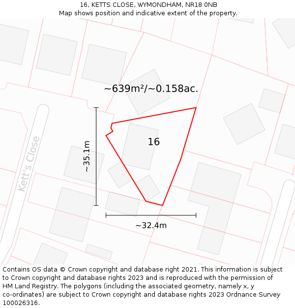 16, KETTS CLOSE, WYMONDHAM, NR18 0NB: Plot and title map