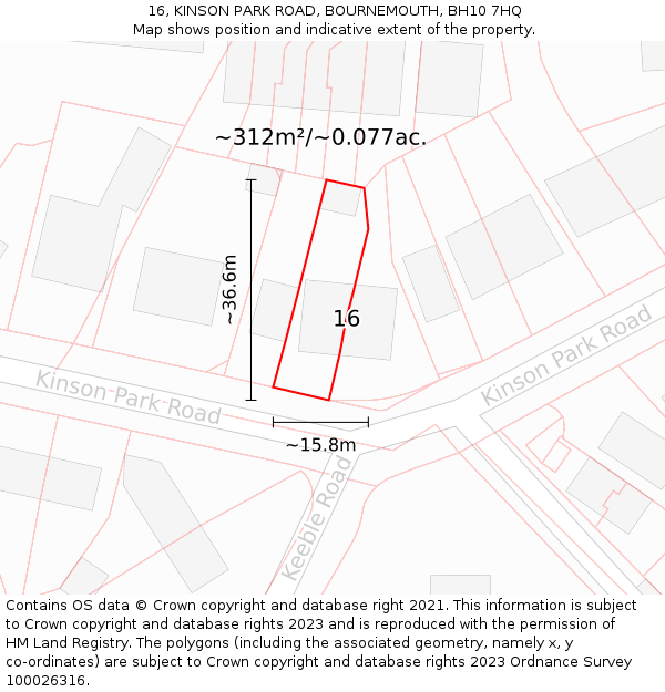 16, KINSON PARK ROAD, BOURNEMOUTH, BH10 7HQ: Plot and title map