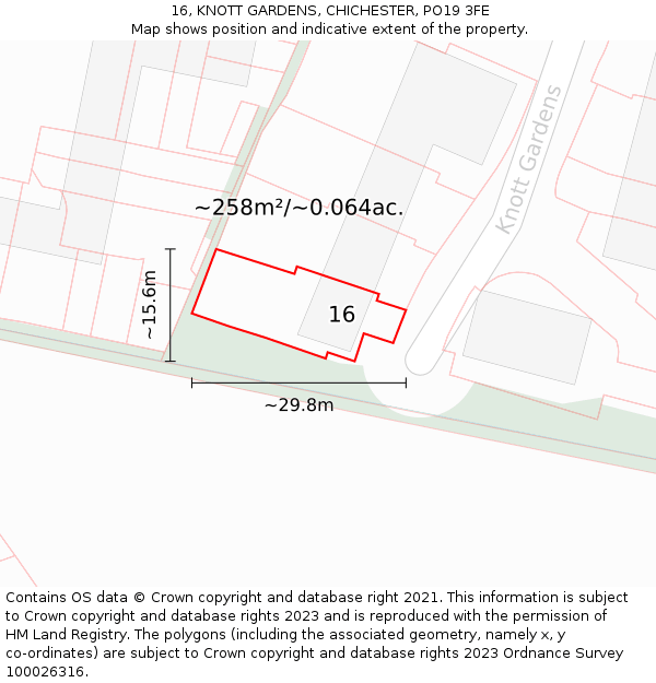 16, KNOTT GARDENS, CHICHESTER, PO19 3FE: Plot and title map