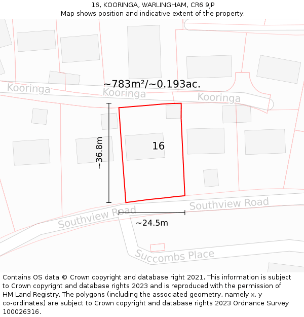 16, KOORINGA, WARLINGHAM, CR6 9JP: Plot and title map