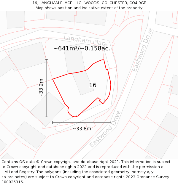 16, LANGHAM PLACE, HIGHWOODS, COLCHESTER, CO4 9GB: Plot and title map