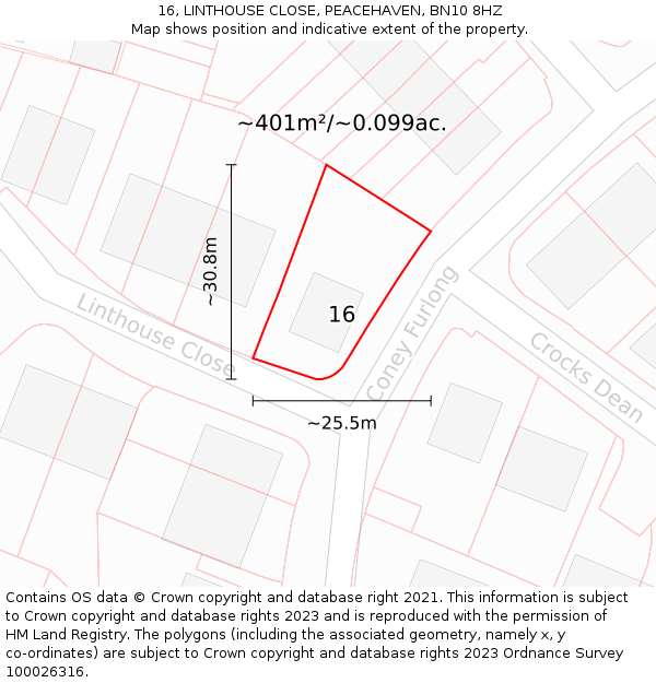 16, LINTHOUSE CLOSE, PEACEHAVEN, BN10 8HZ: Plot and title map