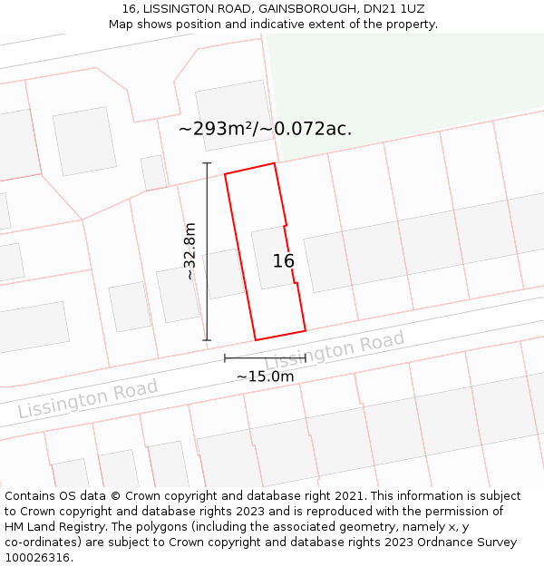 16, LISSINGTON ROAD, GAINSBOROUGH, DN21 1UZ: Plot and title map