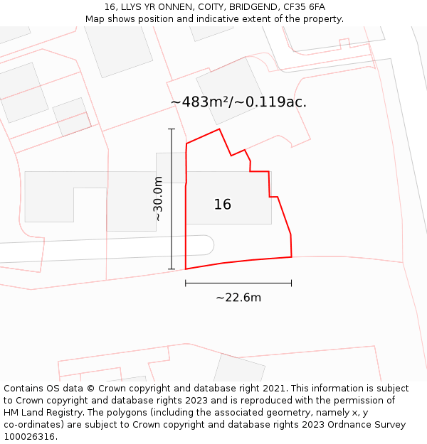 16, LLYS YR ONNEN, COITY, BRIDGEND, CF35 6FA: Plot and title map