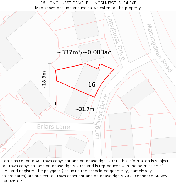 16, LONGHURST DRIVE, BILLINGSHURST, RH14 9XR: Plot and title map